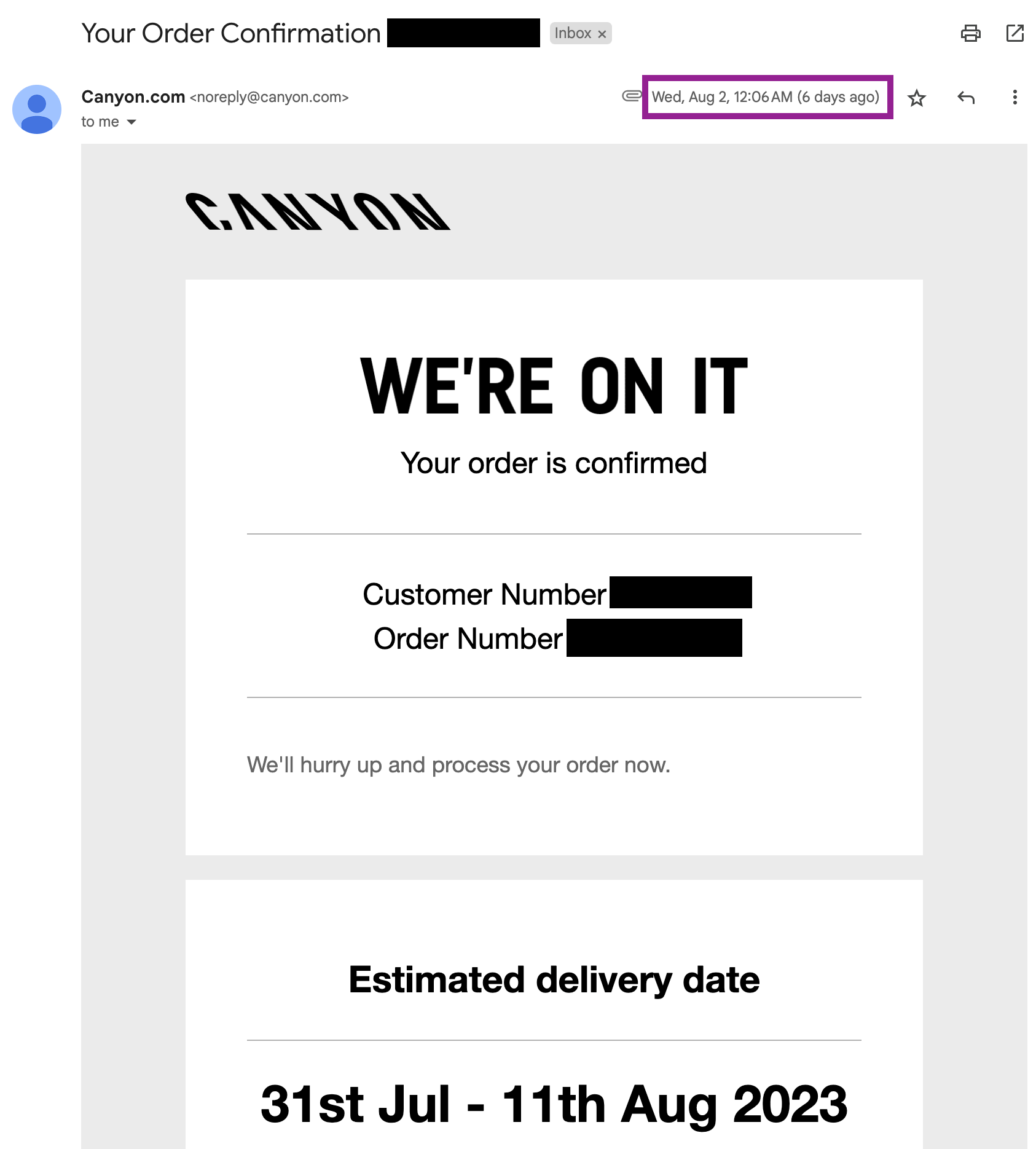 Canyon order confirmation email