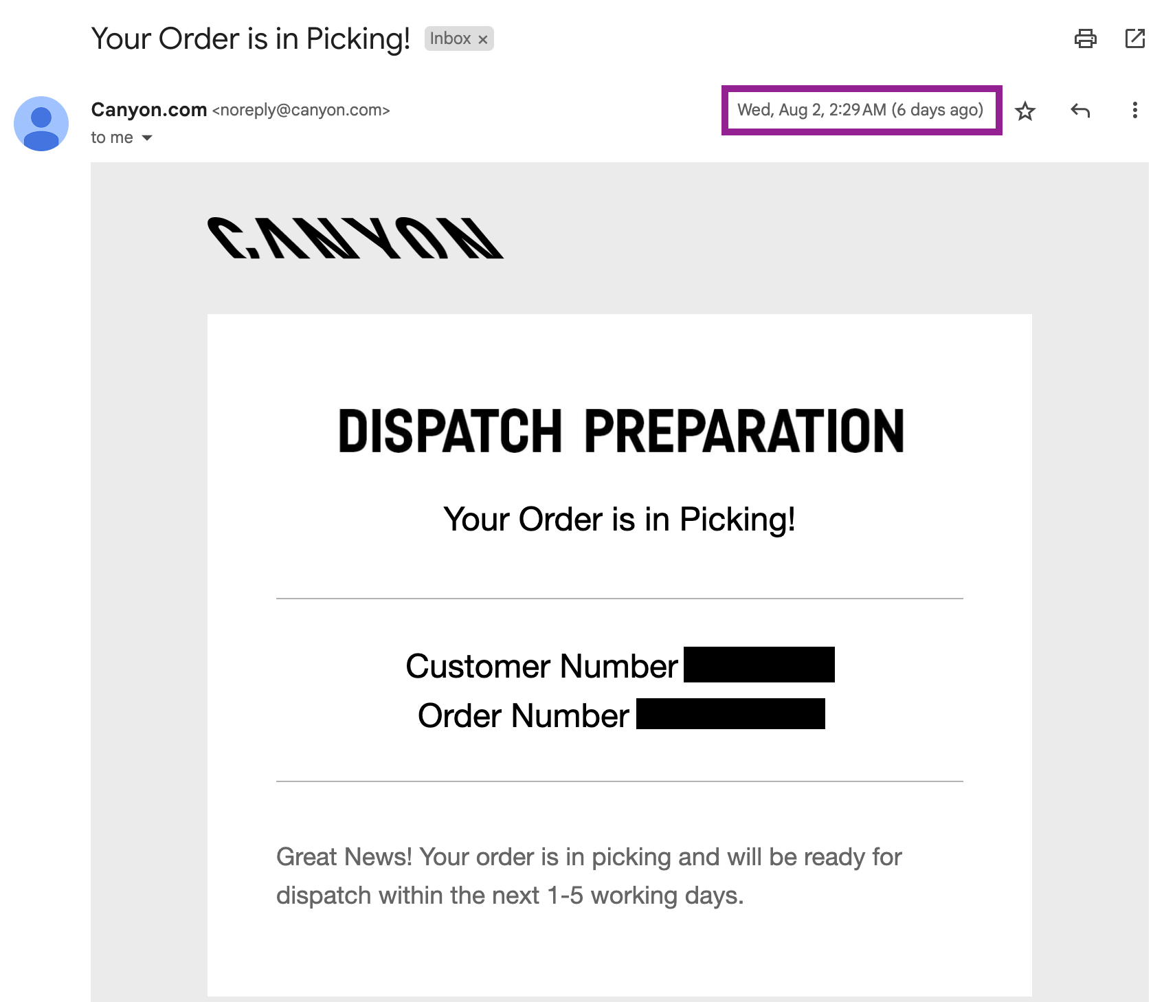 Canyon order in picking email