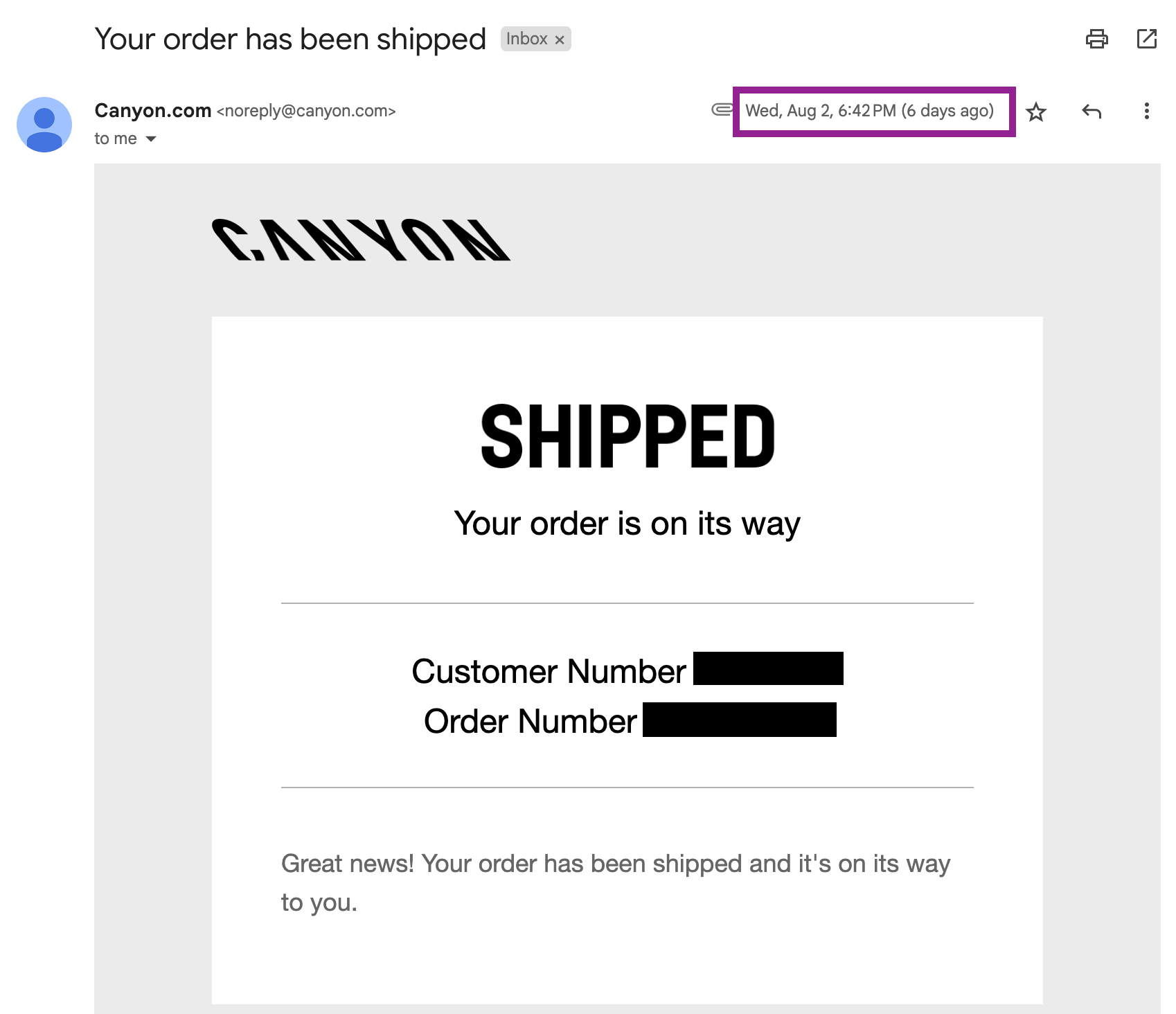 Canyon order shipped email