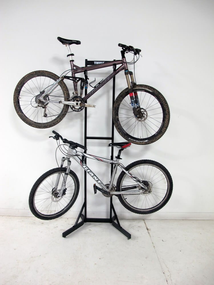 Bikes mounted on a vertical bike stacker.