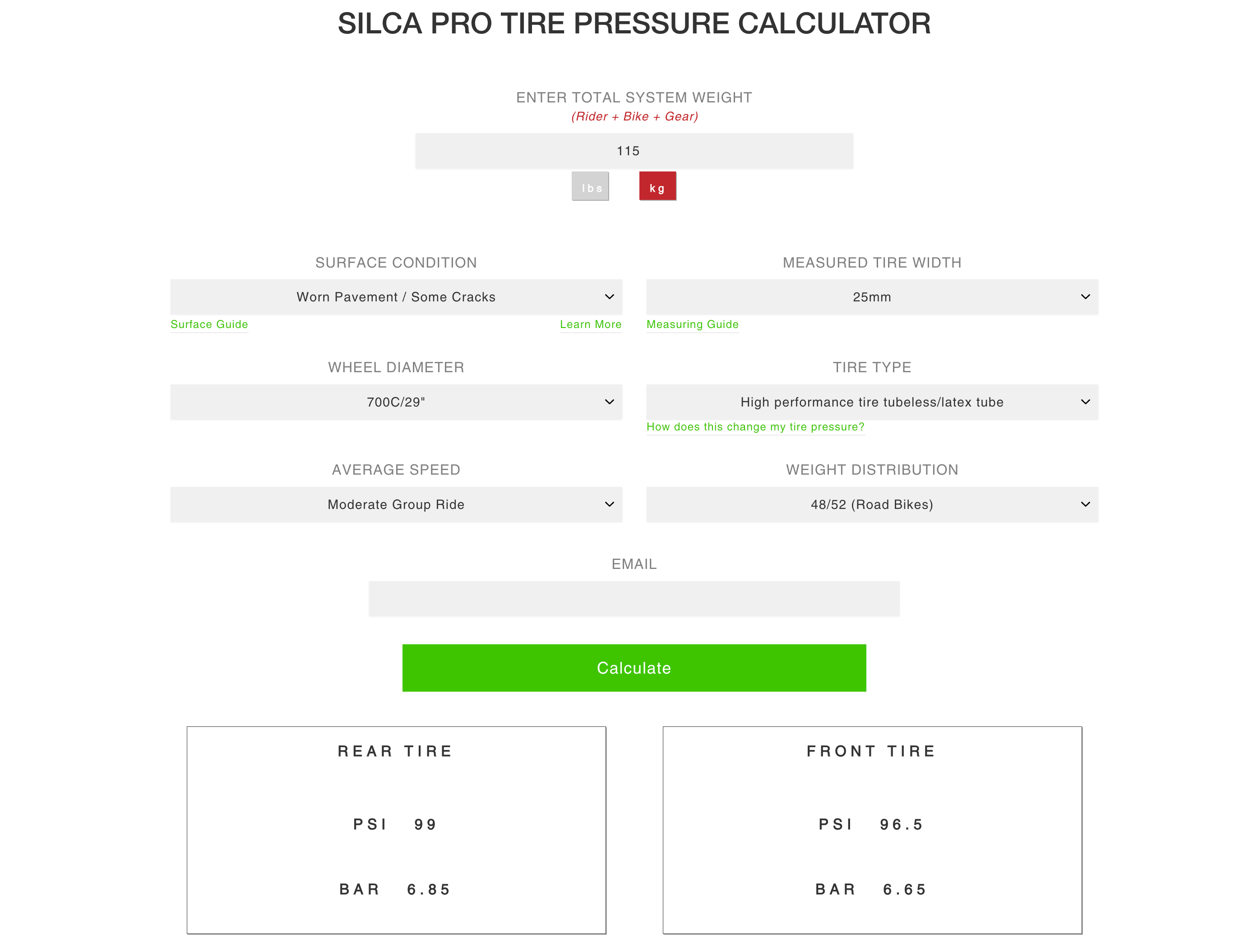 Tire pressure calculator